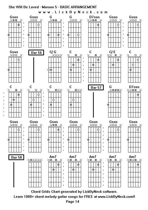 Chord Grids Chart of chord melody fingerstyle guitar song-She Will Be Loved - Maroon 5 - BASIC ARRANGEMENT,generated by LickByNeck software.